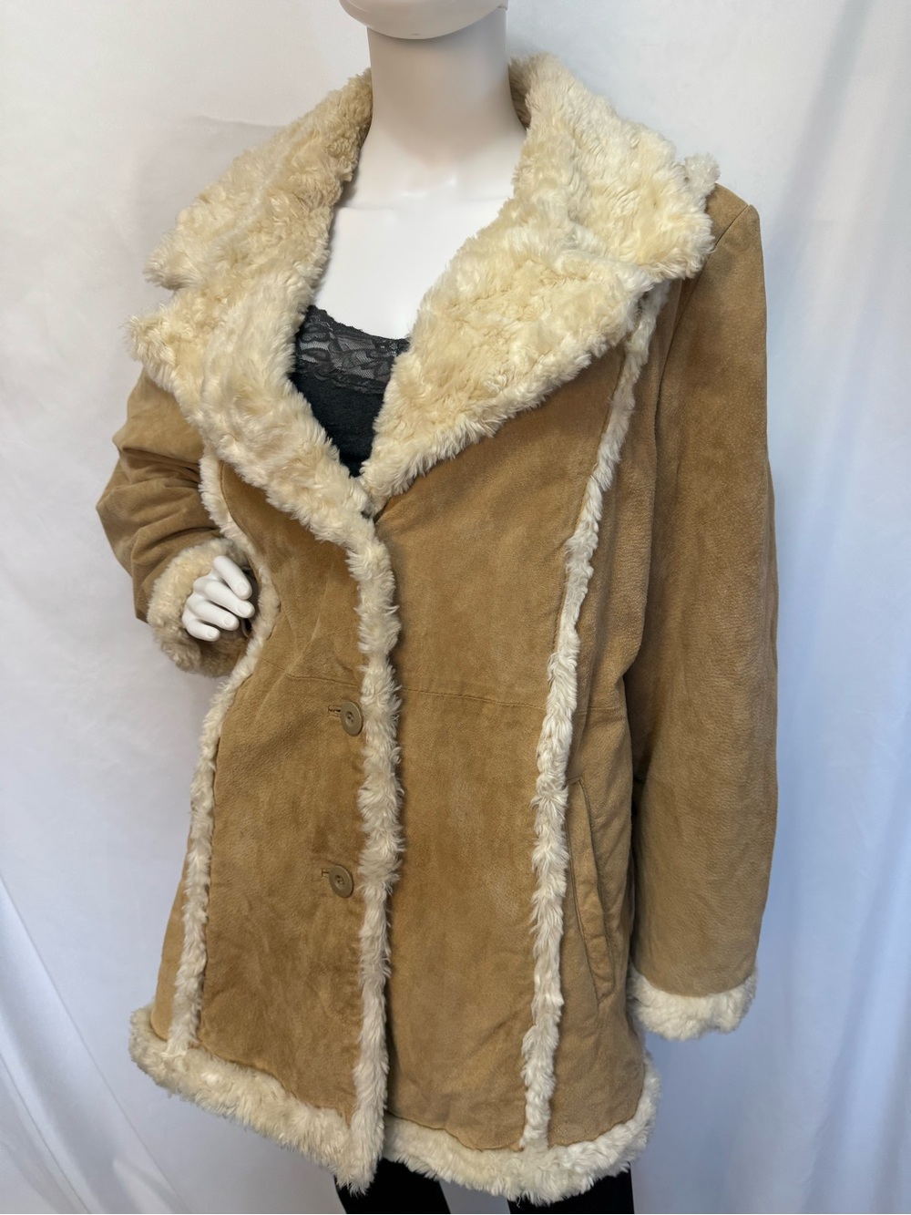 Wilsons Leather Maxima Vintage Tan Suede Sherpa Boho Western Penny Lane Coat